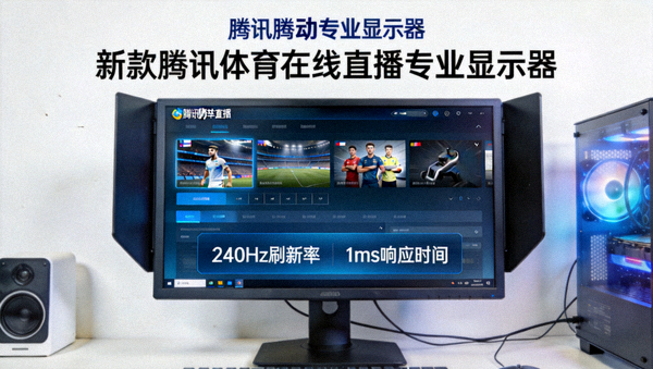 新款腾讯体育在线直播免费观看专业显示器产品展示，240Hz刷新率与1ms响应时间参数标注清晰